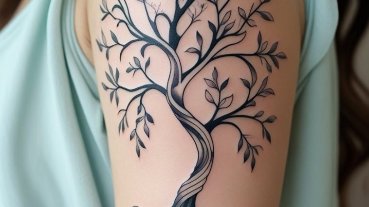 Close-up of a person's upper arm with a detailed tree of life tattoo featuring intertwined branches and roots.
